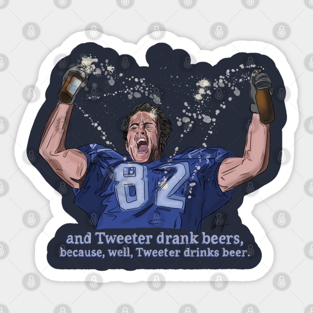 Varsity Blues: Tweeter Drank Beers Sticker by 51Deesigns